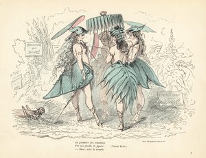 Donne vestite solo con abiti di foglie di fico e cappelli, tenendo foglie
