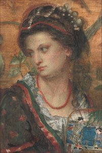 Un bagliore ammorbidito nei suoi occhi, tutto cremisi come la rosa, appena tingeva la sua guancia da Alfred Hassam