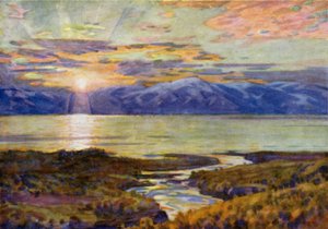Sole di mezzanotte sul lago Torne Trask, da Abisko da Alfred Heaton Cooper