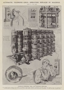 Ragazze del telefono automatico: operatori sostituiti da macchine (litografia) da Alfred Hugh Fisher