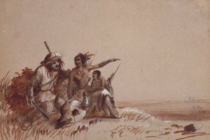Indiano del Kansas che racconta a un trapper, con segni, la migrazione dei bufali, c.1837 da Alfred Jacob Miller