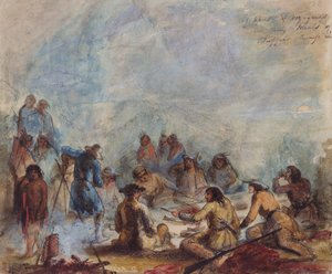 Alba, cacciatori e viaggiatori ai loro pasti di costole di bufalo, c.1837 da Alfred Jacob Miller