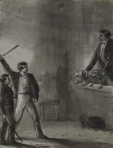 Due ragazzi con bastoni alzati mentre un uomo e dei cani guardano da una finestra da Alfred Jacob Miller
