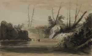Veduta di una cascata e di un piccolo lago da Alfred Jacob Miller