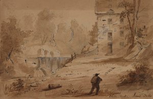 Vista di una casa e delle cascate da Alfred Jacob Miller