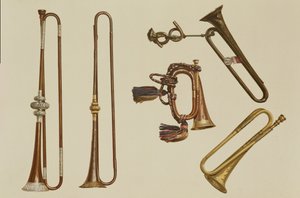 Tromba di cavalleria, un corno, una tromba dorata fatta da John Harris c.1730, una tromba e una tromba con montatura in argento di William Ball c.1680, da 