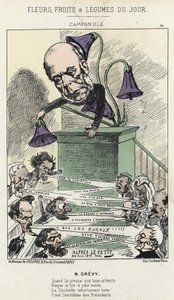 Campanula: caricatura su Grévy - ill. del 26/06/1871 di Alfred Le Petit, in "Fiori, Frutti e Verdure del Giorno" da Alfred Le Petit