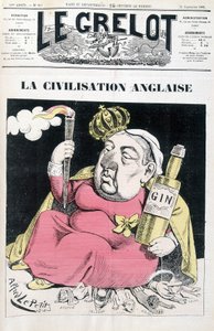 Civiltà inglese: Vittoria, una bottiglia di gin in mano, seduta su Egitto, Irlanda, India, Africa e Cina - di Alfred Le Petitty, in "Le Grelot" del 24/09/1882 da Alfred Le Petit