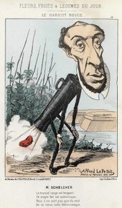 Il Fagiolo rosso: caricatura di Victor Schoelcher rappresenta nel treno di Pietro un fagiolo (scoreggia) - ill. del 16/02/1871 di Alfred Le Petit, in "Fiori, Frutti e Verdure del Giorno" da Alfred Le Petit
