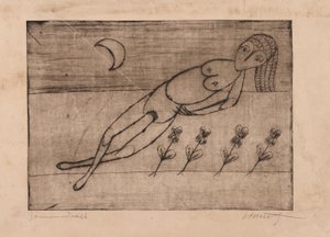 Luna crescente, fiori e nudo femminile (acquaforte e acquatinta su carta) da Alfred Lomnitz