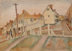 Scena suburbana (acquerello e matita su carta) da Alfred Lomnitz