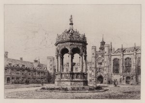 Cambridge: il grande cortile del Trinity College (acquaforte) da Alfred Louis Brunet Debaines