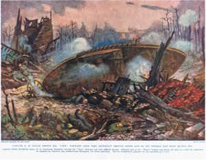 Il capitano A.M. Inglis porta il suo carro armato avanti su un terreno molto difficile dopo che una delle sue ruote era stata fatta saltare in aria, illustrazione da 