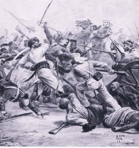La sconfitta dei ribelli da parte di Nicholson a Najafgarh, 2 agosto 1857, illustrazione da British Battles on Land and Sea, 1915 da Alfred Pearse