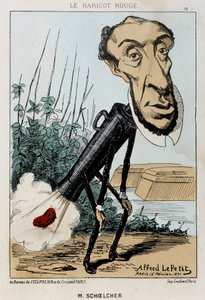 Le Bean rouge: caricatura di Victor Schoelcher rappresentato nel treno di Pietro un fagiolo (scoreggia) - ill. del 16/02/1871 in "Fleurs, Fruits et Vegetables du Jour" da Alfred Petit