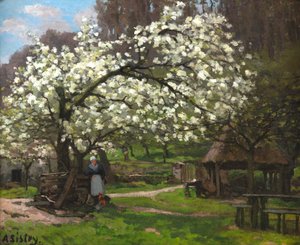 Primavera, contadina sotto gli alberi in fiore da Alfred Sisley