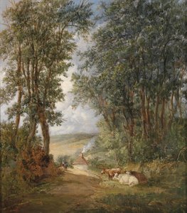 Tedesco: Paesaggio forestale con mucche a riposo in primo piano da Alfred Vickers