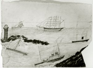 Tre navi a vela, due navi a vapore e il faro di Godrevy, c.1935-38 da Alfred Wallis