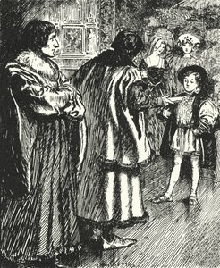 Erasmo osserva Sir Thomas More presentare una poesia che aveva scritto al giovane principe Enrico, futuro re Enrico VIII da Alfred Wallis Mills