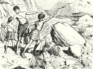 Annibale e i suoi fratelli imparano a lanciare pietre con una fionda da Alfred Wallis Mills