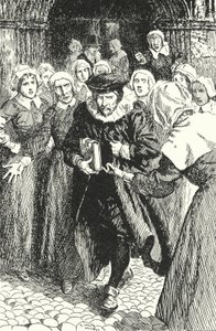 Il prete scozzese William Annand condannato dalle donne di Edimburgo per aver predicato dal nuovo libro di preghiere nella cattedrale di St Giles, 1637 da Alfred Wallis Mills