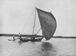 Canoa a bilanciere a piena vela sul lago di Negombo da Alfred William Amandus Plate