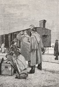 Cinque minuti di sosta, due uomini in piedi a una fermata del treno che bevono e mangiano, incisione da un dipinto di Alfredo Luxoro (1859-1918), da L