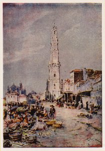 Torre dos Clerigos, Porto, Portogallo (litografia a colori) da Alfredo Roque Gameiro
