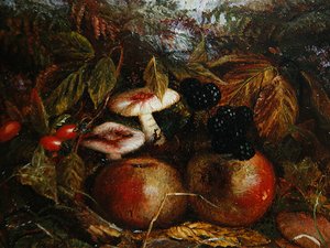 Natura morta con funghi, mele e more da Alice M Wilson