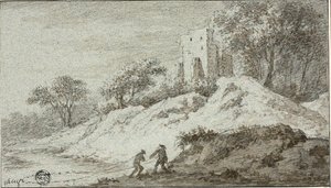 Paesaggio con due figure e castello sulla collina