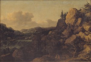 Paesaggio montano con una coppia di cavalieri in primo piano