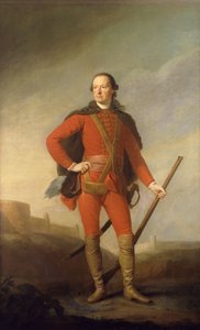 Ritratto di Charles, 5° Conte di Elgin e 9° Conte di Kincardine, in Piedi a Figura Intera in un Costume Scarlatto e Mantello con Bordo di Pelliccia che Tiene un Moschetto in un Paesaggio Romantico con un Castello sullo Sfondo da Allan Ramsay