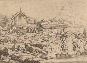 Barca su una riva del fiume con tre capre, probabilmente c. 1645-1656 da Allart van Everdingen