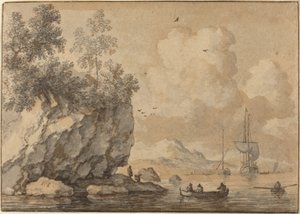 Figure in barche a remi in una baia rocciosa, navi a vela oltre da Allart van Everdingen