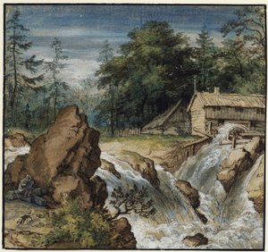 Paesaggio nordico con un disegnatore presso una cascata da Allart van Everdingen
