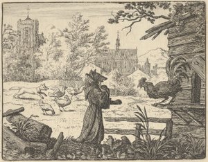 Renard, travestito da monaco, guadagna la fiducia del gallo, 1650-75
