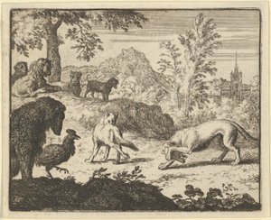 Il leone permette una lotta tra il lupo e Renard, 1650-75