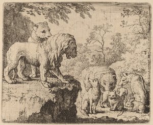 Il leone perdona Reynard davanti agli altri animali, probabilmente c. 1645-1656 da Allart van Everdingen