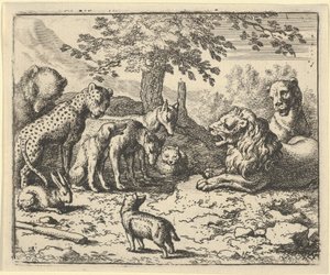 Il leone ascolta il consiglio degli altri animali per la punizione di Renard, 1650-75 da Allart van Everdingen