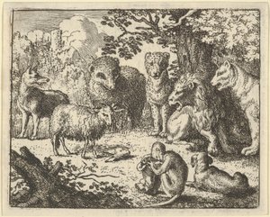 La scimmia apre il pacco e rimuove la testa del coniglio con grande sorpresa di..., 1650-75 da Allart van Everdingen