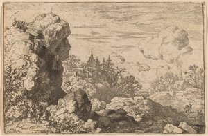 Tre viaggiatori ai piedi di una roccia alta da Allart van Everdingen