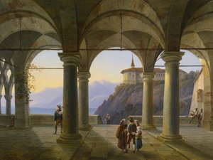 Terrazza con colonne con figure e vista su un lago di montagna da Alois Gustav Schulz