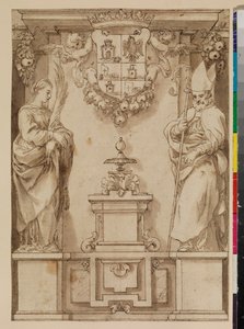 Progetto per una pagina del titolo con due santi su piedistalli e uno stemma spagnolo immaginario, XVII secolo da Alonso Cano