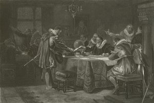 Henry Hudson riceve la sua commissione dalla Compagnia Olandese delle Indie Orientali (1609) da Alonzo Chappel