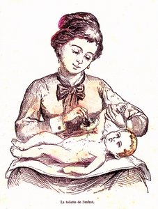 La toilette del bambino - La vita normale e la salute di J. Rengade. Disegno di A. Demarle 1881