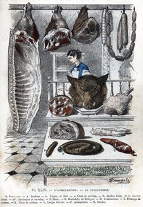 Vista di salumi Un mezzo maiale (un prosciutto b aloyau c costate e petto) B prosciutto fresco C prosciutto affumicato D salsicce e cerevelas F hure G mortadella di Bologna H prosciutto I formaggio di maiale K piedi di maiale L lingua ripiena M andouillett