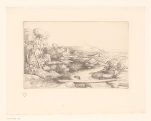 Paesaggio con passerella su un fiume da Alphonse Legros (attributed to)