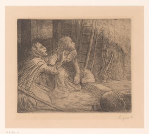 Due donne inginocchiate che guardano in alto da Alphonse Legros (signed by artist)