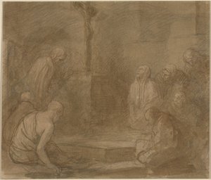 Ai piedi della croce (penna e inchiostro marrone con lavaggio marrone su grafite su carta vergata)