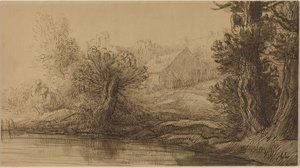 Riva di un fiume (penna e inchiostro marrone con lavaggio marrone su cartone)